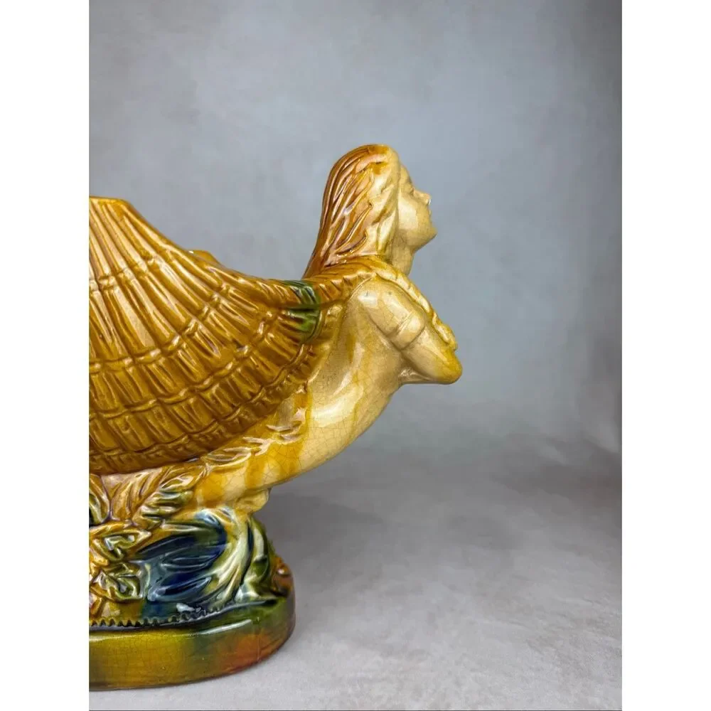 Vintage Mermaid Masthead Nautical Shell Pottery Ceramic Bowl Compote Large Boat - Picture 4 of 12